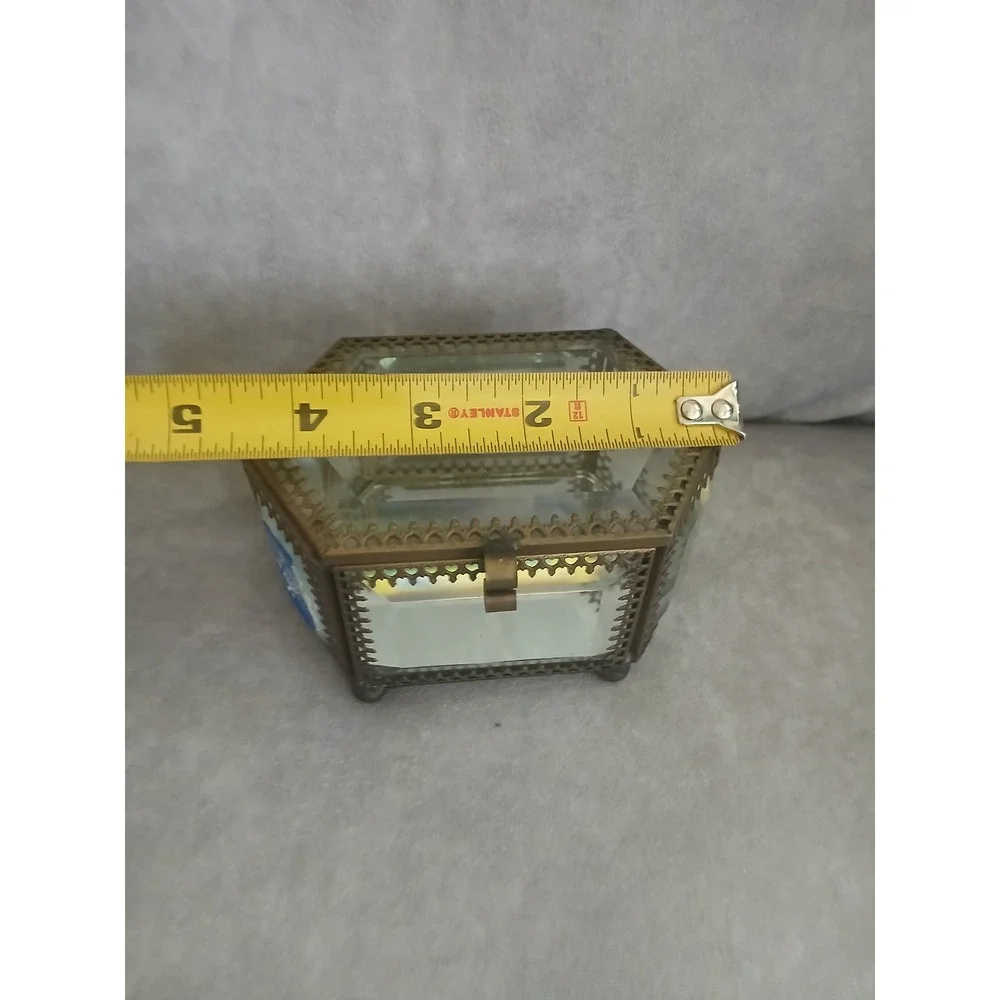 Vintage Beveled Glass Brass Hexagon Jewelry Box Butterfly Trinket Mirror Bottom
